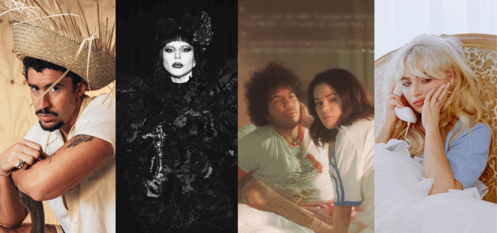 Bad bunny, Lady Gaga, Selena Gomez, Benny Blanco y Sabrina Carpenter