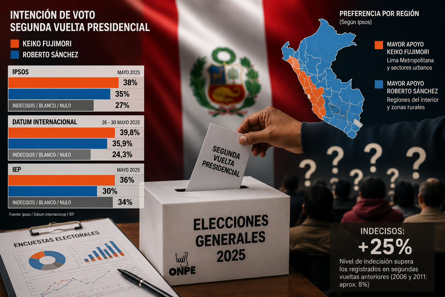 Segunda vuelta en Perú: encuestas muestran ventaja moderada de Keiko Fujimori