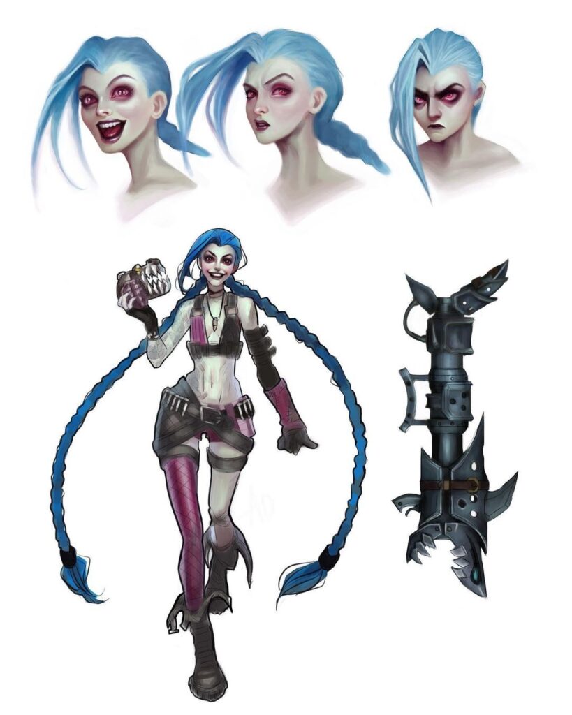 Versión preliminar de Jinx de League of Legends. Se muestran pruebas de expresiones y el arma que usa.