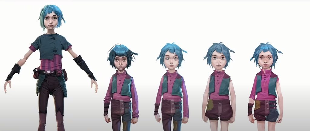Arte conceptual de Powder, quién es Jinx de niña. Se muestran 4 diseños preliminares de su vestimenta.